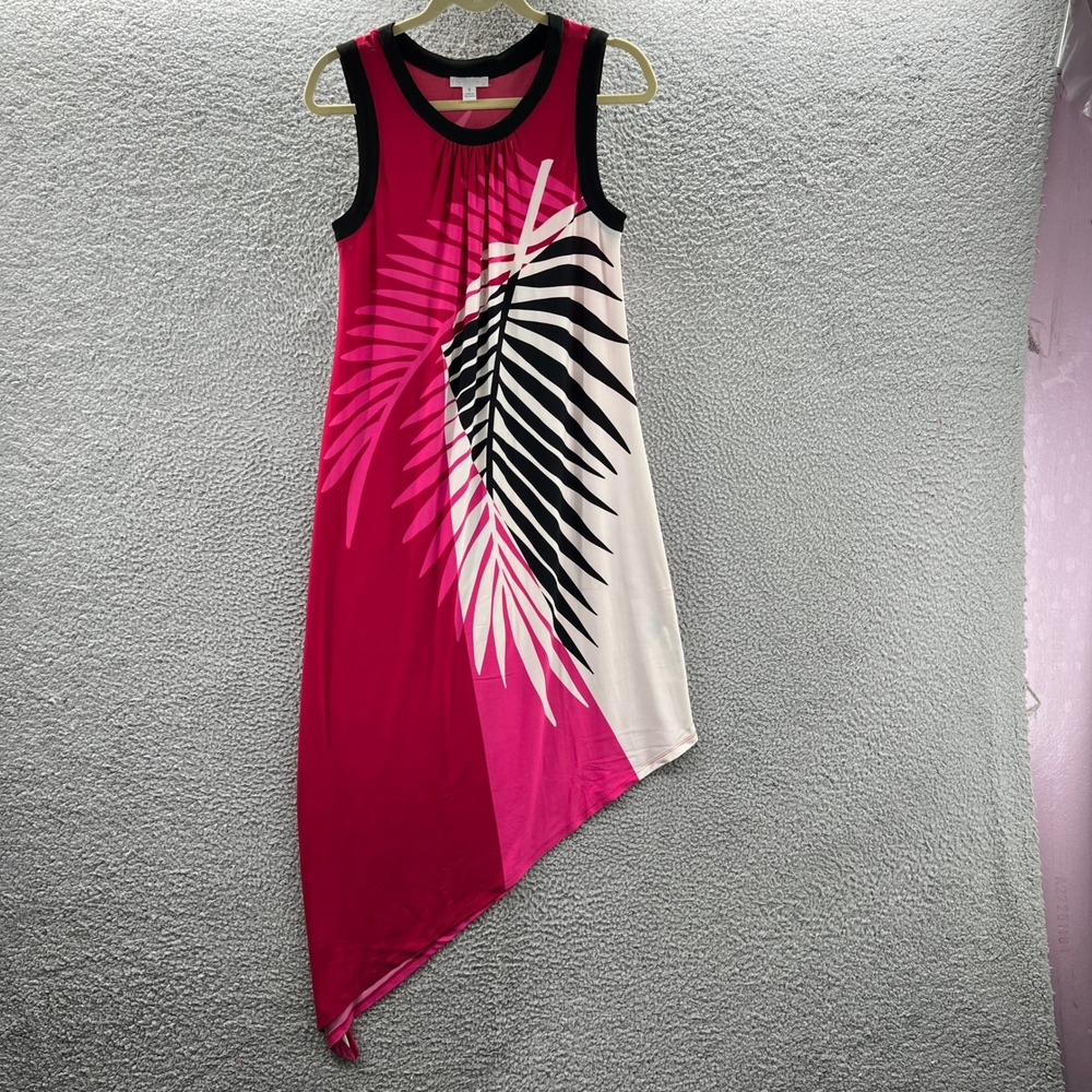 Womens Sleeveless Shift‎ Dress 8 Plum Pink Resort Tropical Palm Asymmetrical Hem